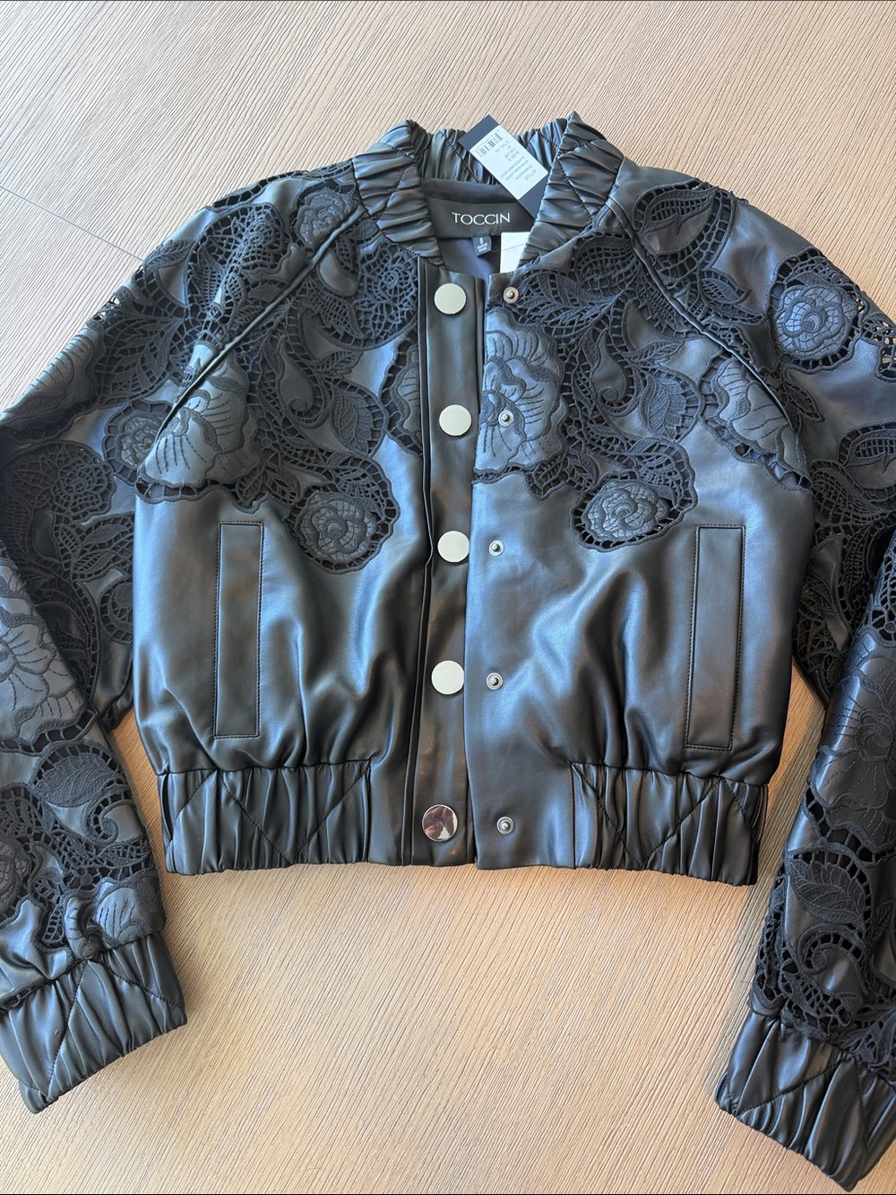Toccin Black Lace-Detail Faux Leather Bomber Jacket
